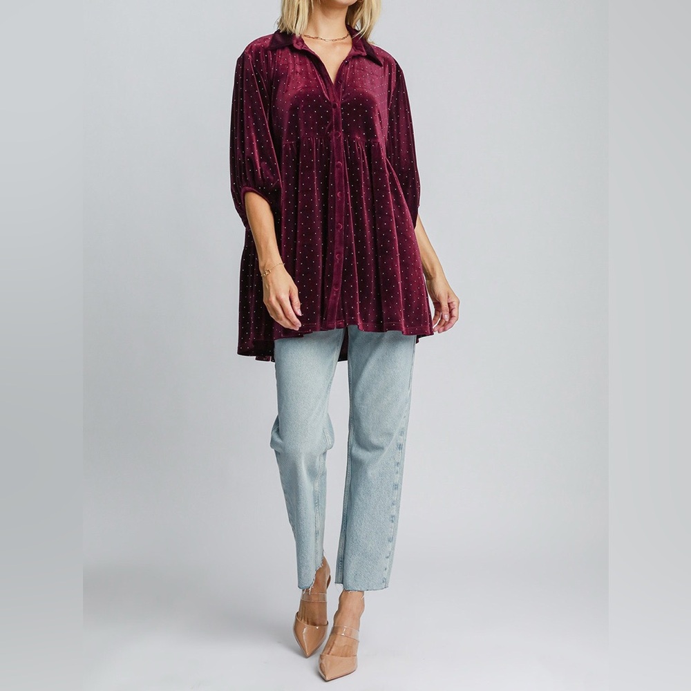 NWT Umgee PLUS + REG Size Red Polka Dot Button Down Babydoll Style Shirt Top - Picture 6 of 6